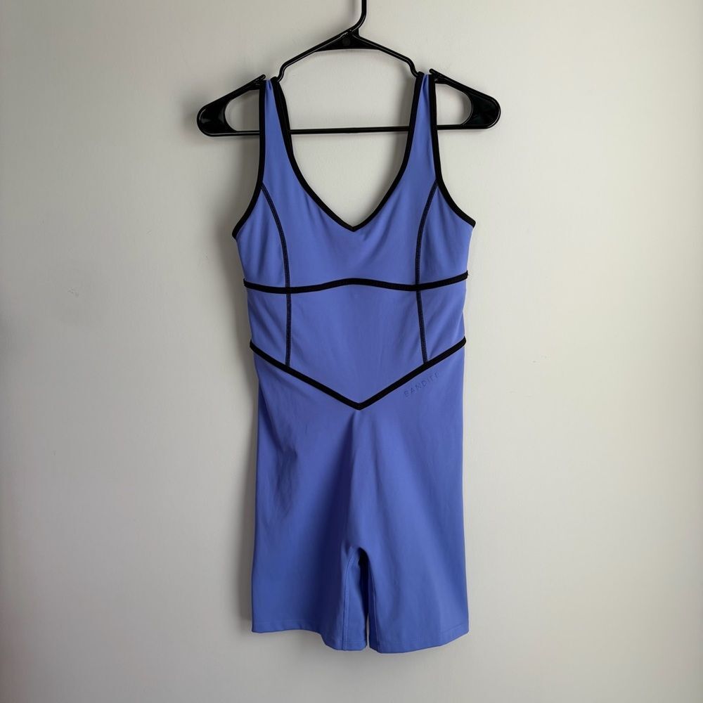 Bandier Tempo V-Neck Contrast Seam Playsuit Active Romper Baja Blue Black